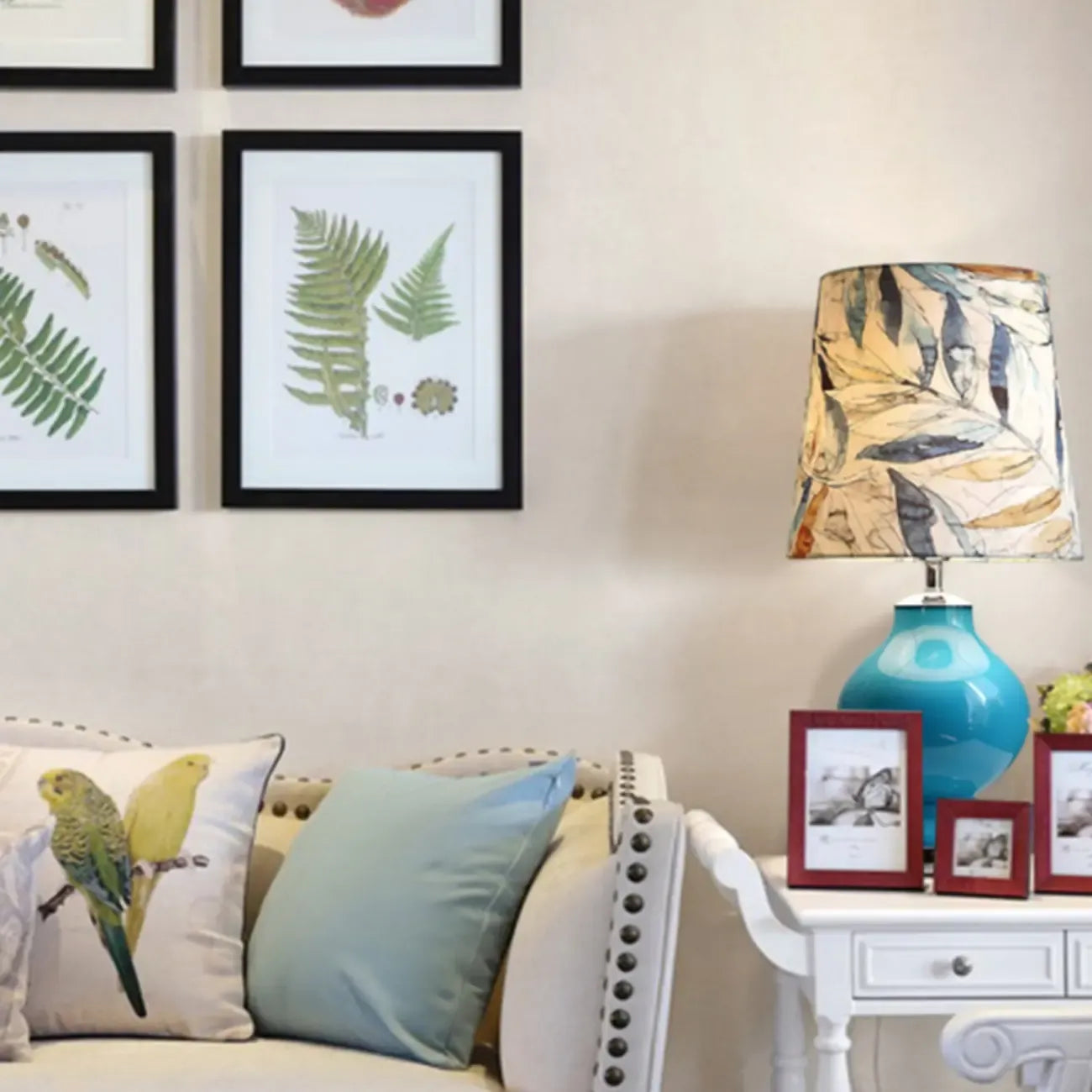 Blue Glass Table Lamp with Leaf Fabric Shade