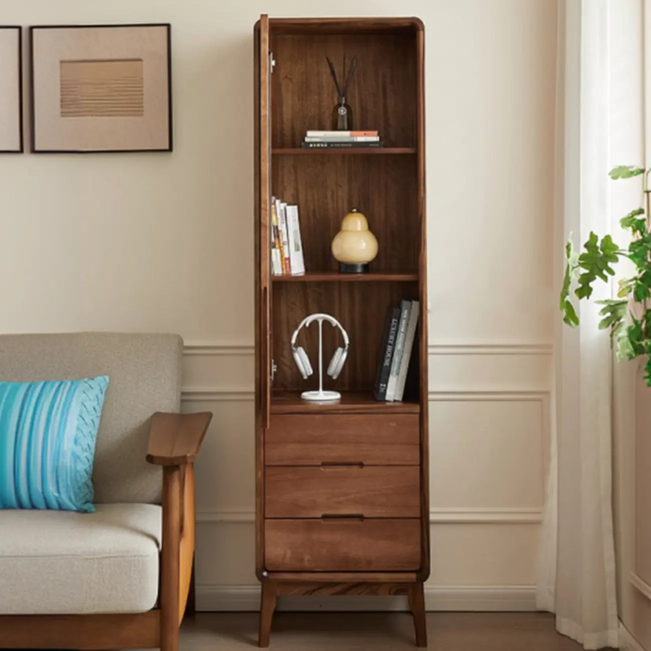 Tall Wooden Display Cabinet with Glass Door for Living Room