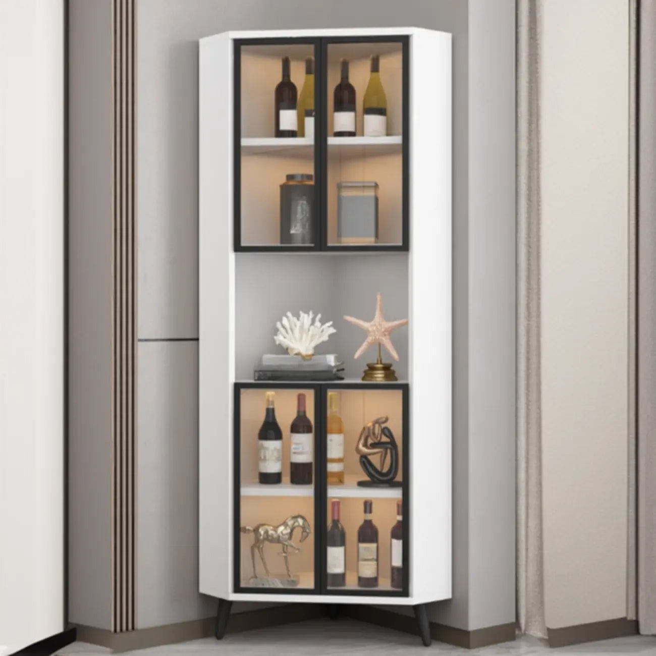 Modern Gray Wood Gold Glass Door Display Corner Cabinet
