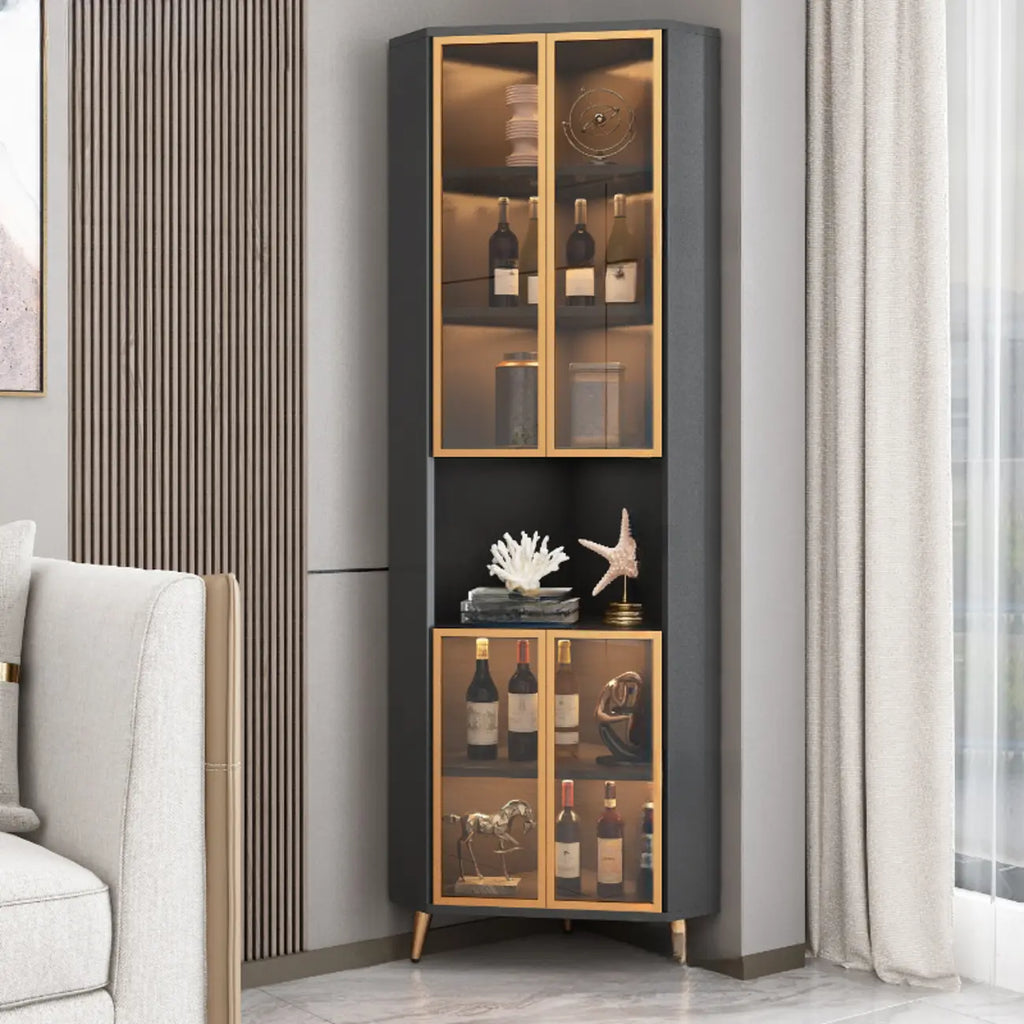 Modern Gray Wood Gold Glass Door Display Corner Cabinet