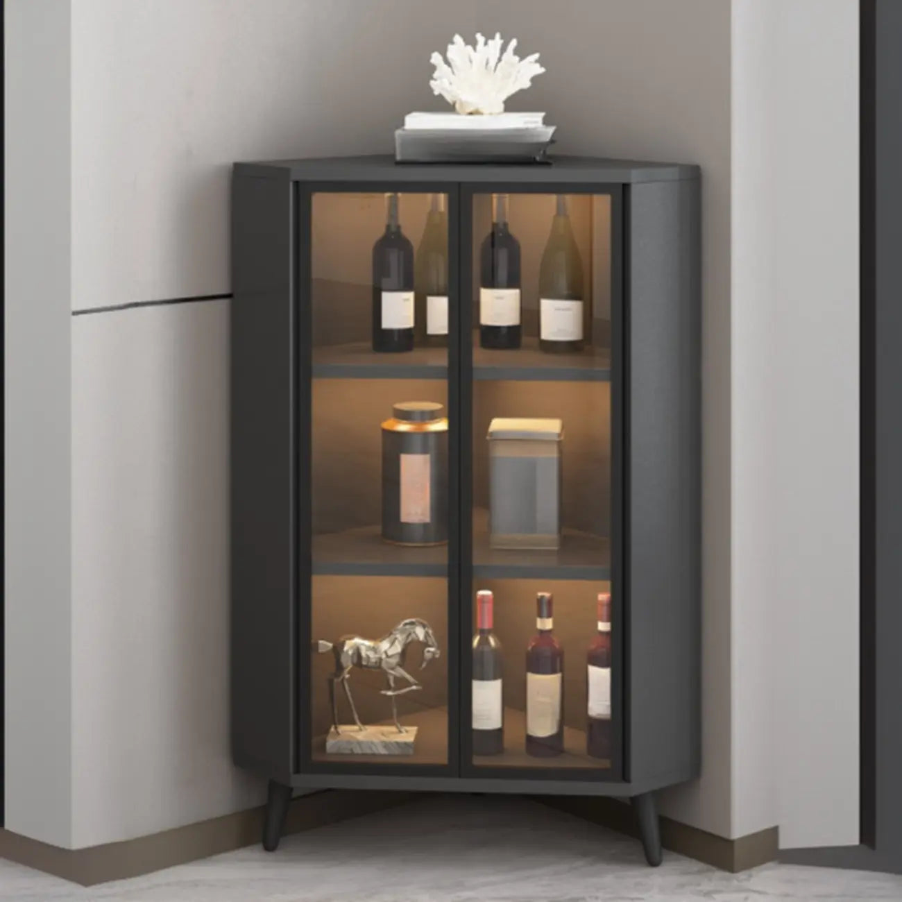 Modern Gray Wood Gold Glass Door Display Corner Cabinet