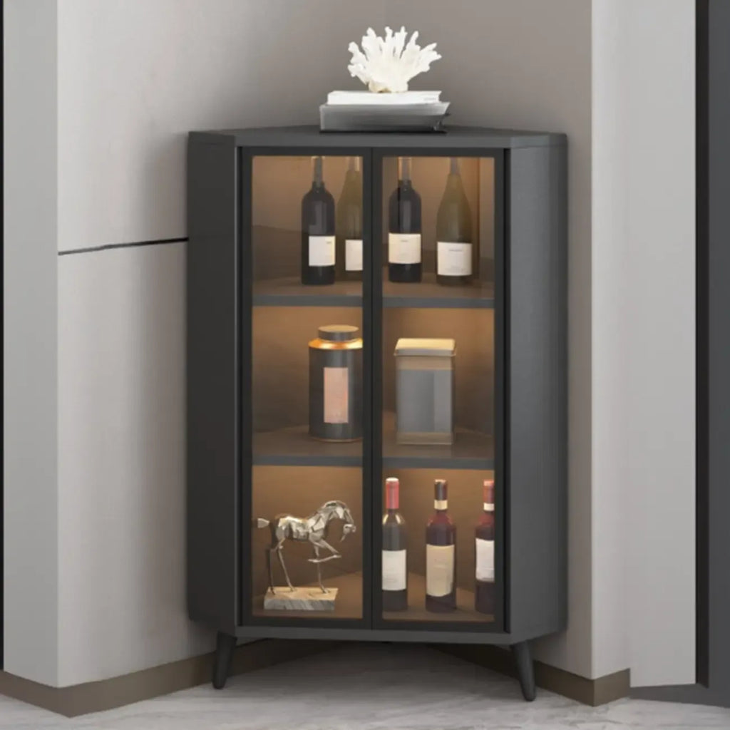 Modern Gray Wood Gold Glass Door Display Corner Cabinet