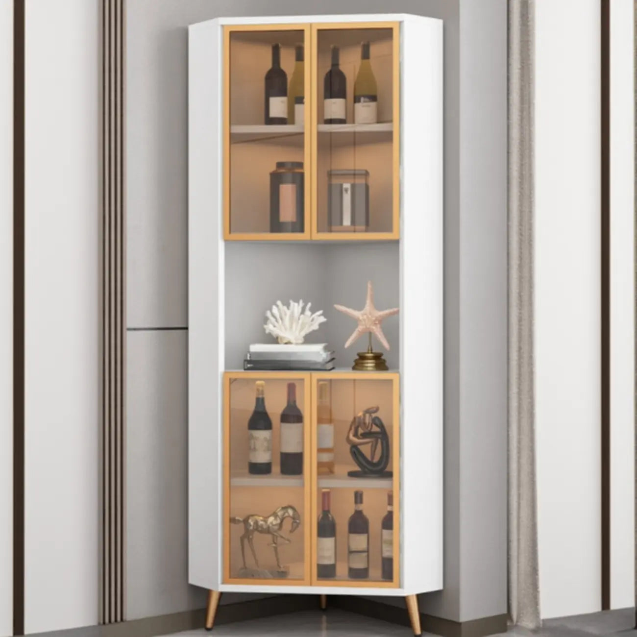 Modern Gray Wood Gold Glass Door Display Corner Cabinet