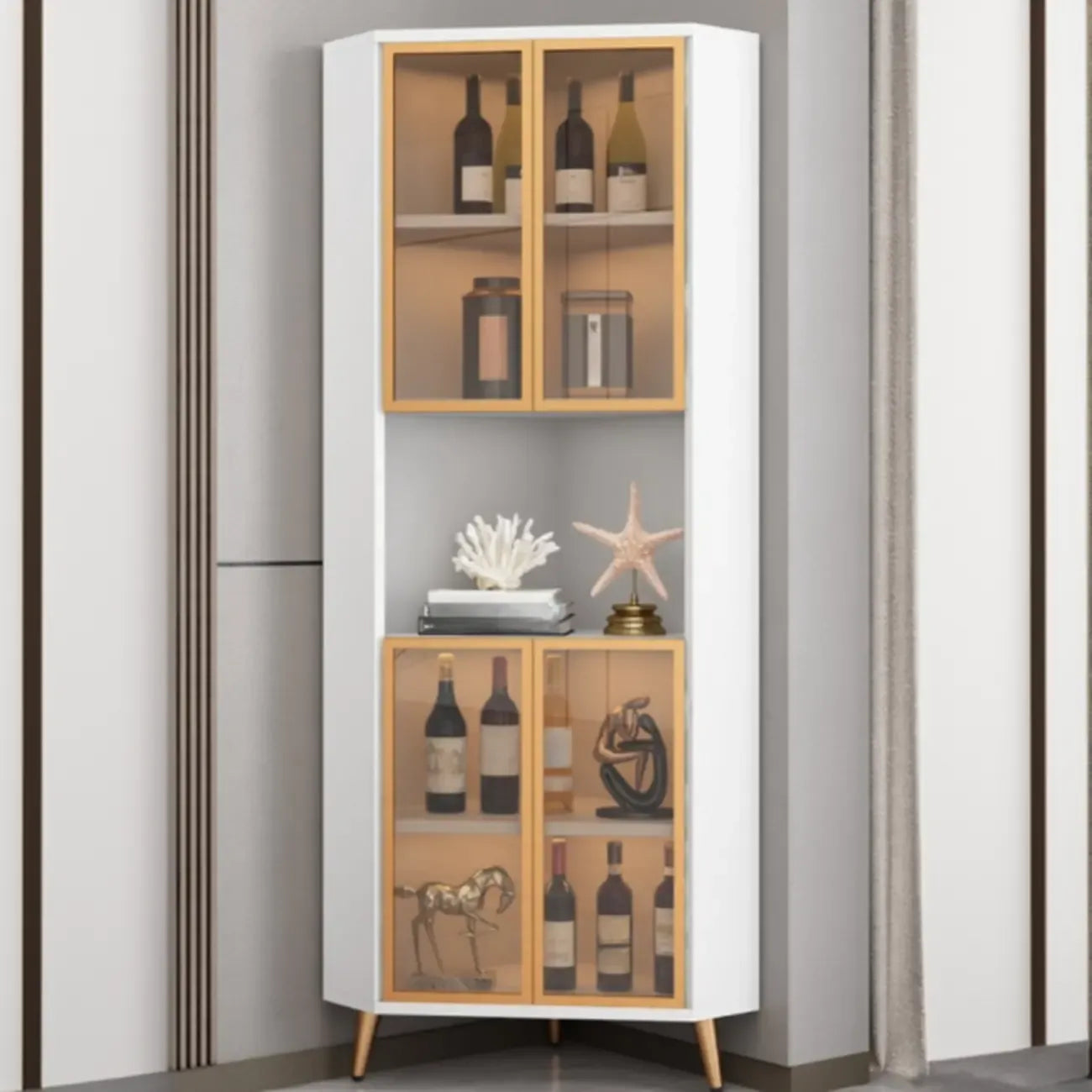 Modern Gray Wood Gold Glass Door Display Corner Cabinet