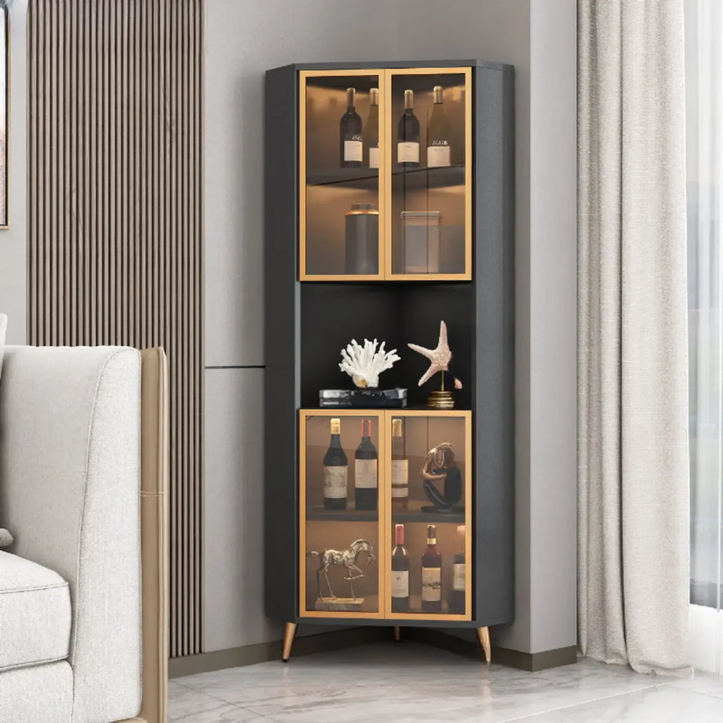 Modern Gray Wood Gold Glass Door Display Corner Cabinet