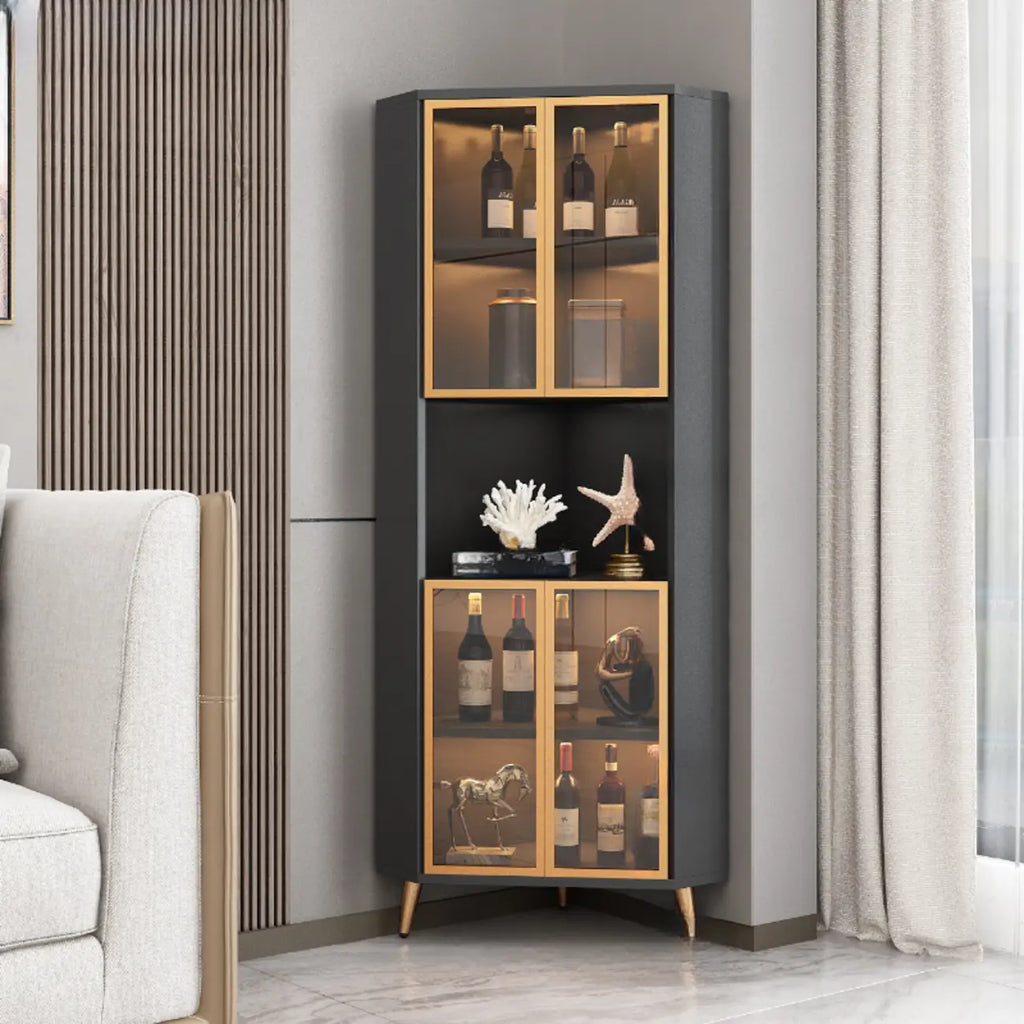Modern Gray Wood Gold Glass Door Display Corner Cabinet