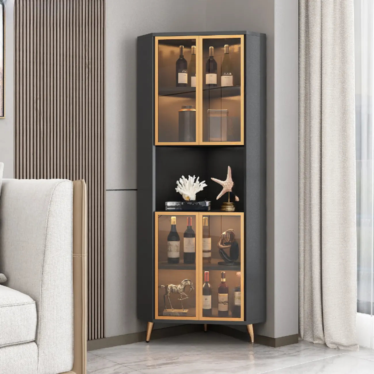 Modern Gray Wood Gold Glass Door Display Corner Cabinet
