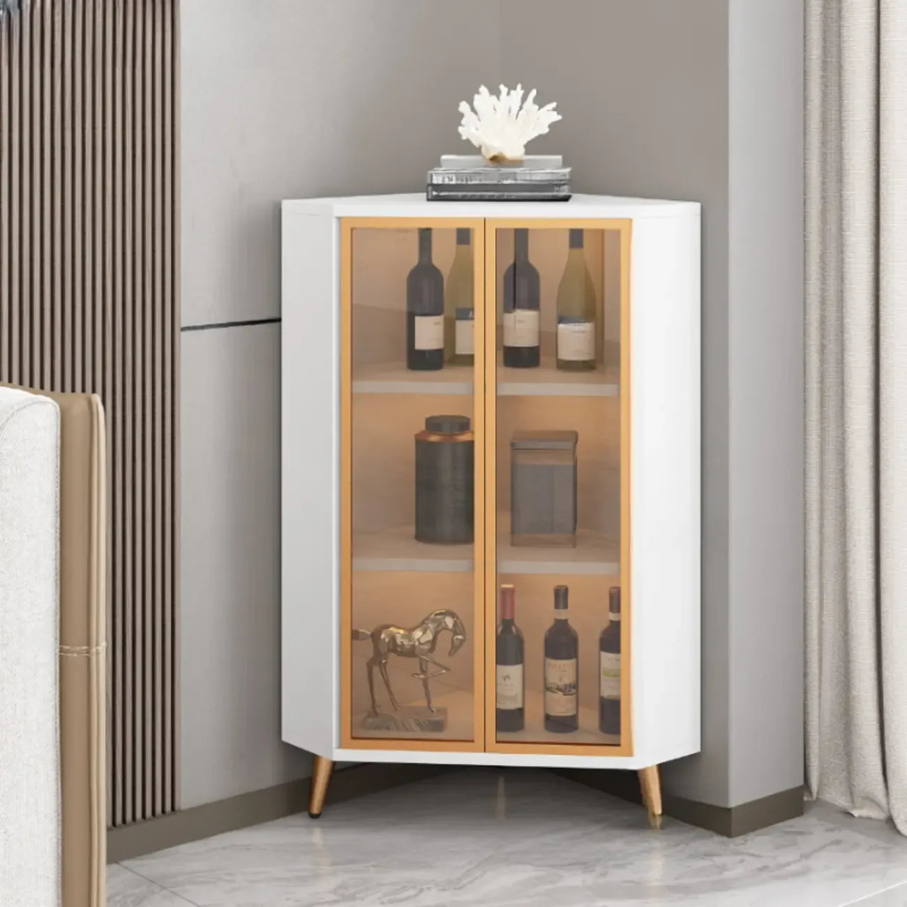 Modern Gray Wood Gold Glass Door Display Corner Cabinet