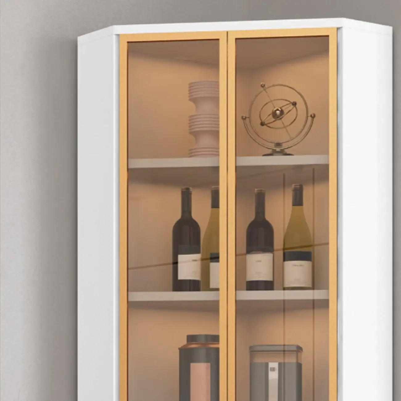 Modern Gray Wood Gold Glass Door Display Corner Cabinet