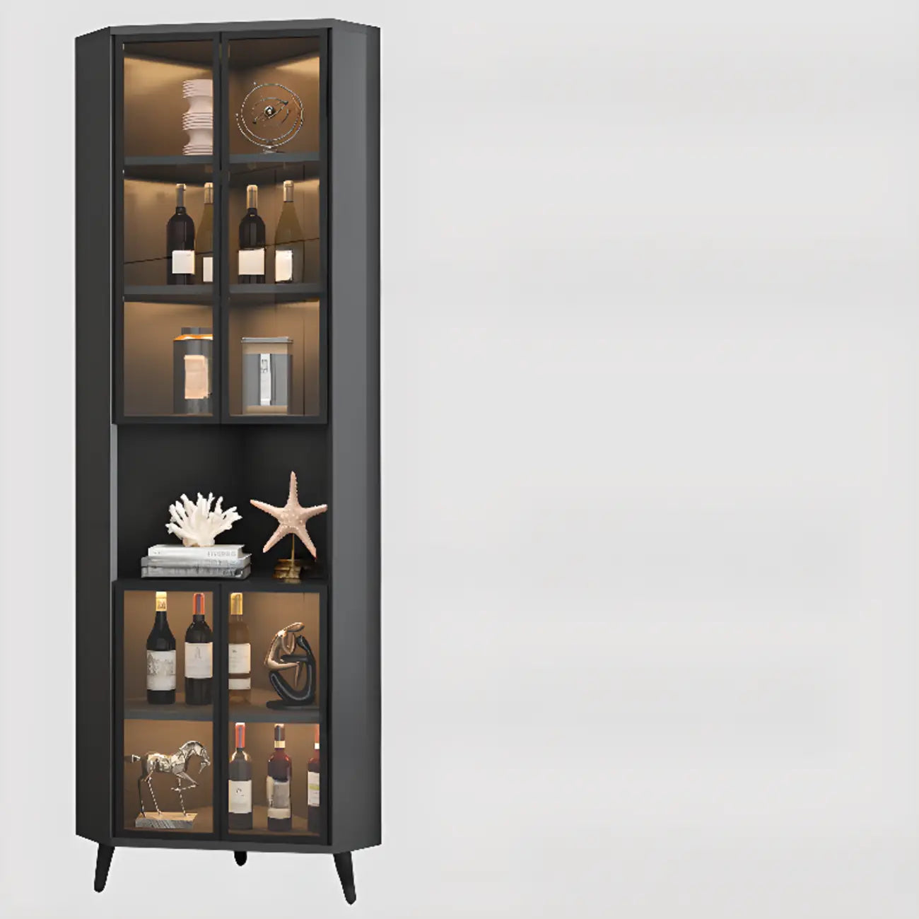 Modern Gray Wood Gold Glass Door Display Corner Cabinet