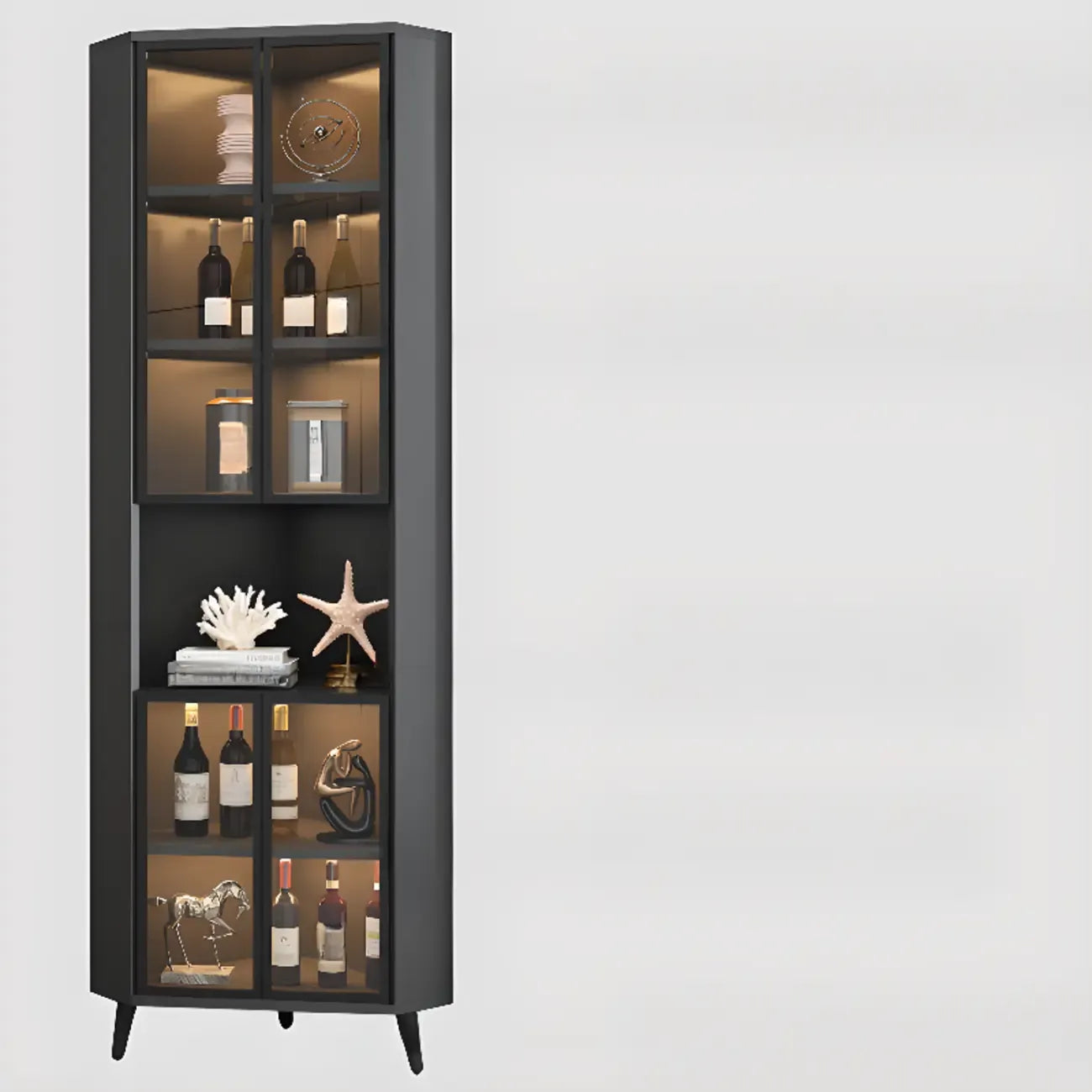 Modern Gray Wood Gold Glass Door Display Corner Cabinet