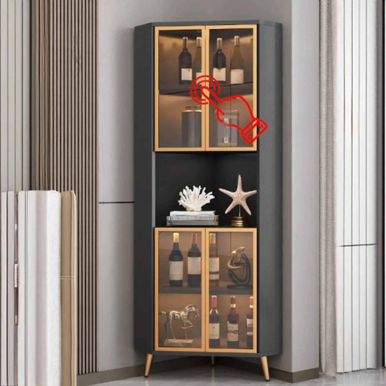 Modern Gray Wood Gold Glass Door Display Corner Cabinet