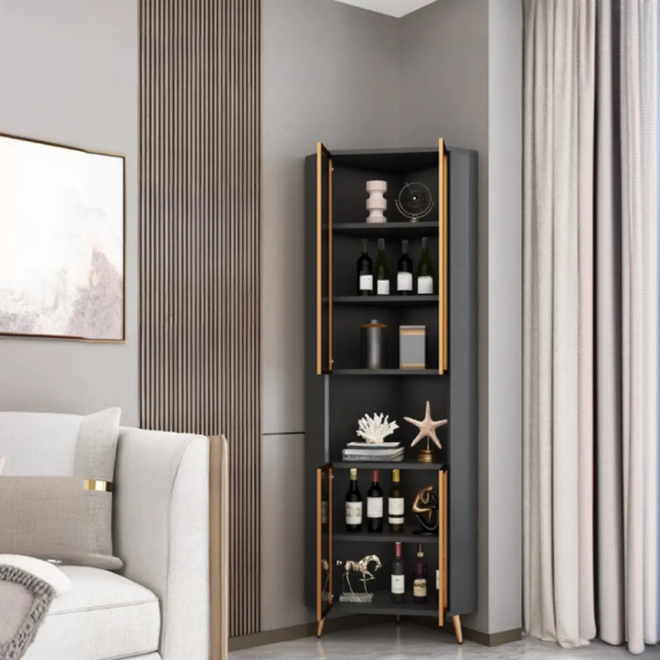 Modern Gray Wood Gold Glass Door Display Corner Cabinet