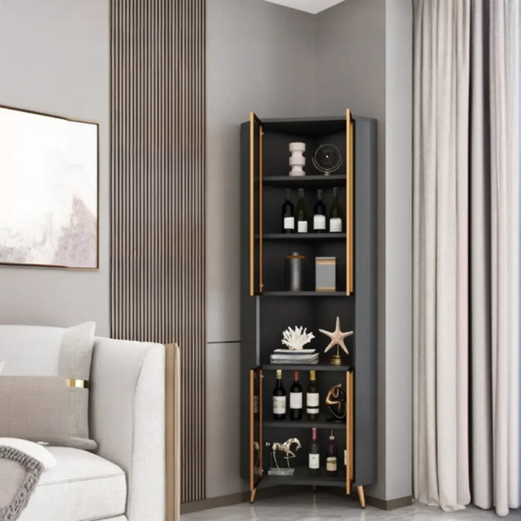 Modern Gray Wood Gold Glass Door Display Corner Cabinet