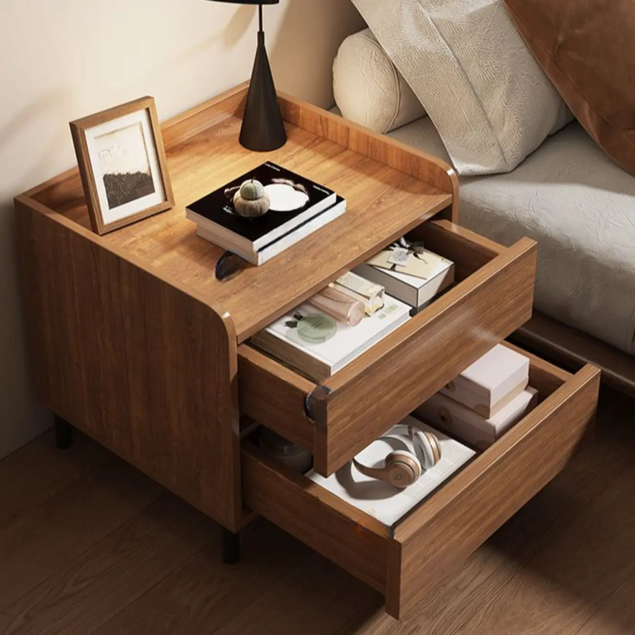 Minimalist Brown Wooden Tray Nightstand with 2 Drawers