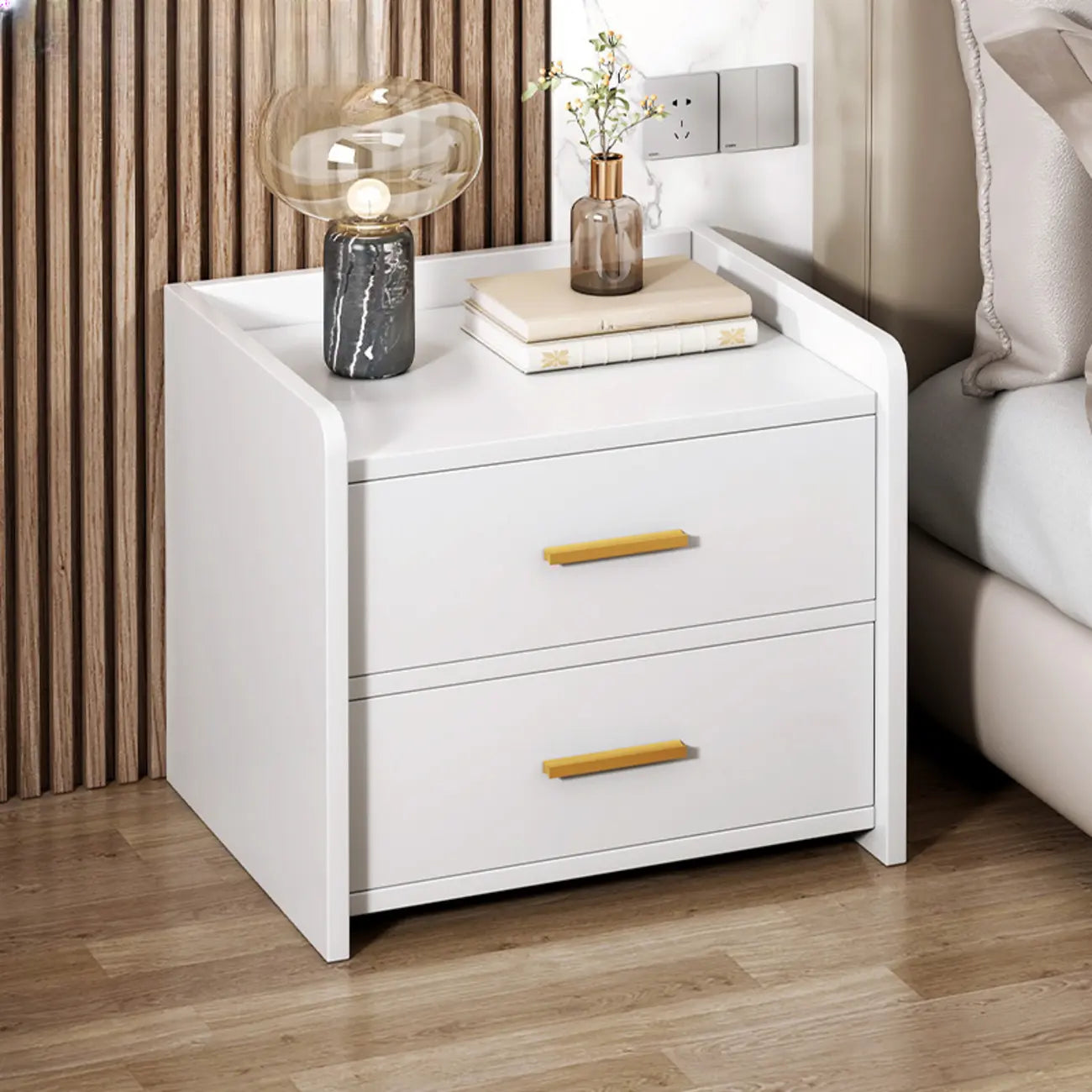 Minimalist Brown Wooden Tray Nightstand with 2 Drawers