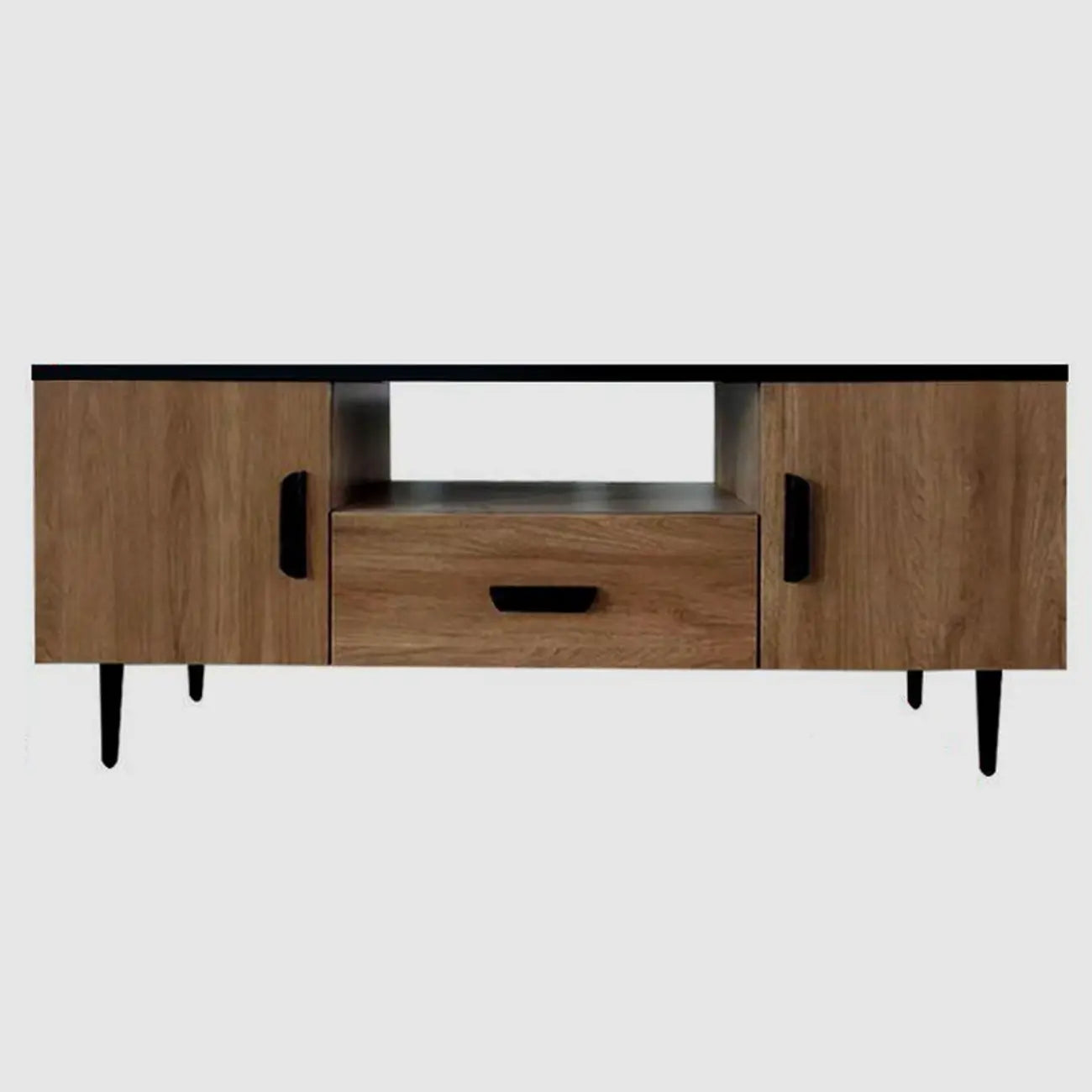 Brown Wood Media Shelf Cabinet TV Stand with Metal Legs