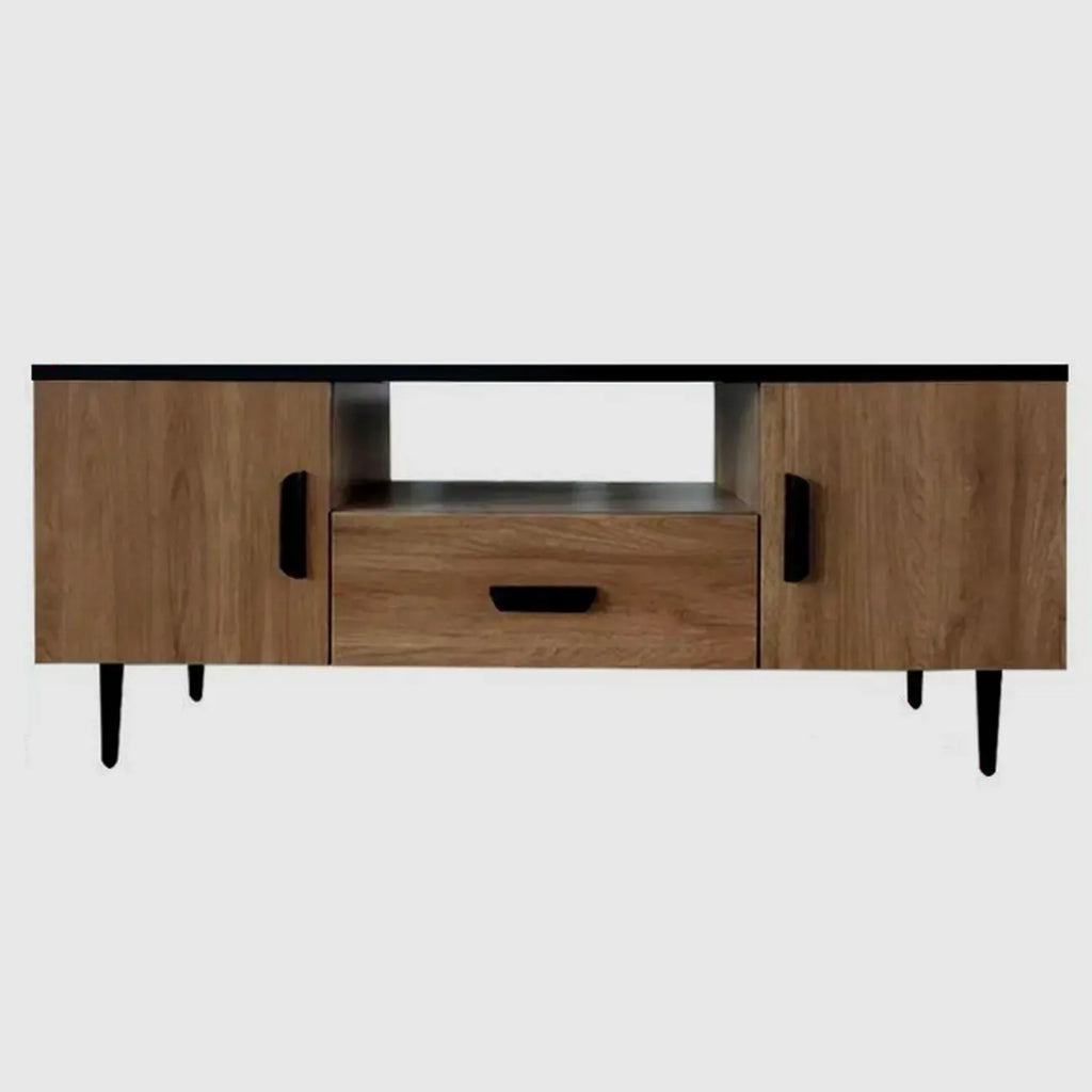 Brown Wood Media Shelf Cabinet TV Stand with Metal Legs