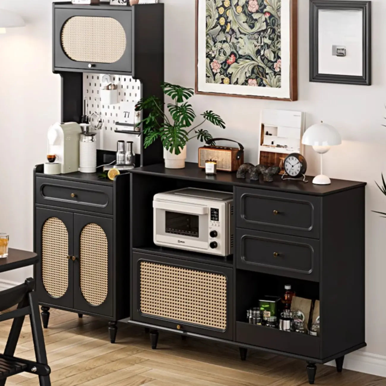 Black Rattan Kitchen Storage Sideboard with Drawers