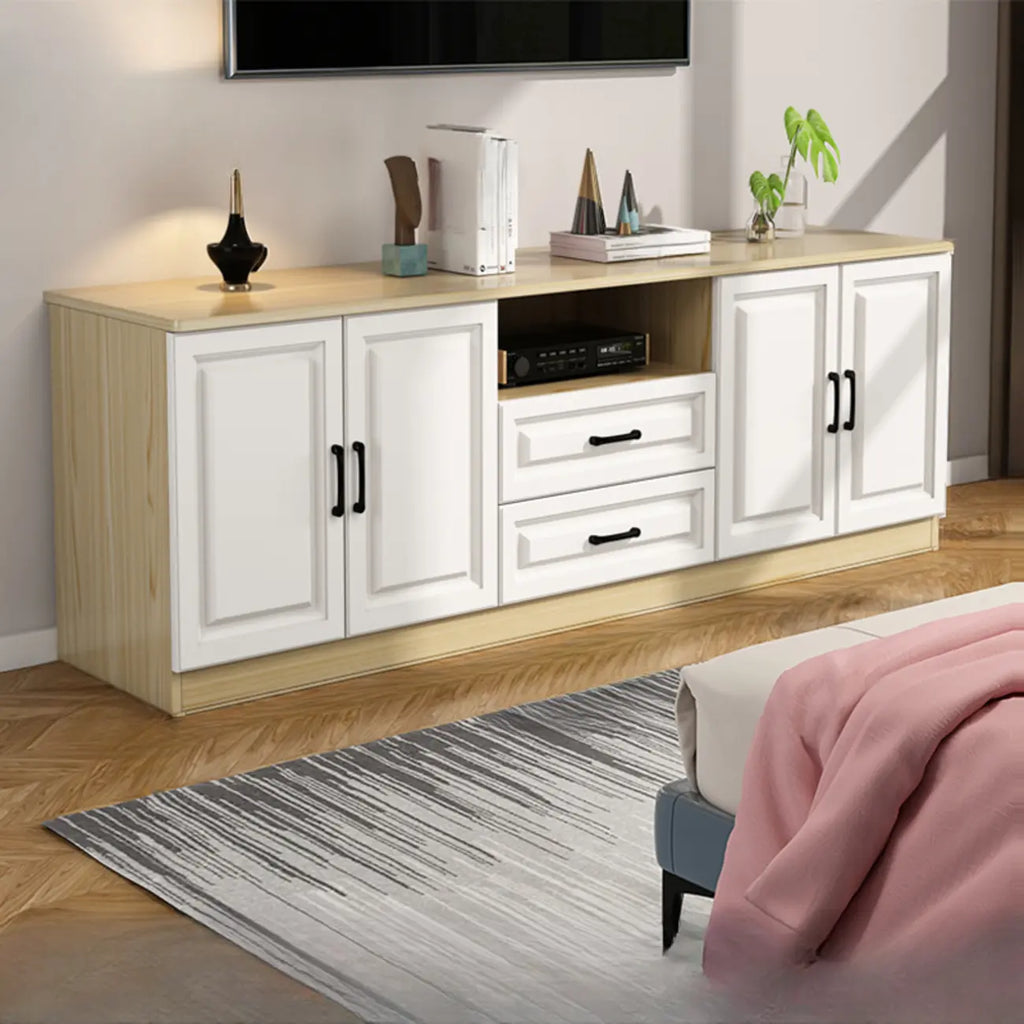 Modern White Wooden TV Stand with Storage and Cable Management