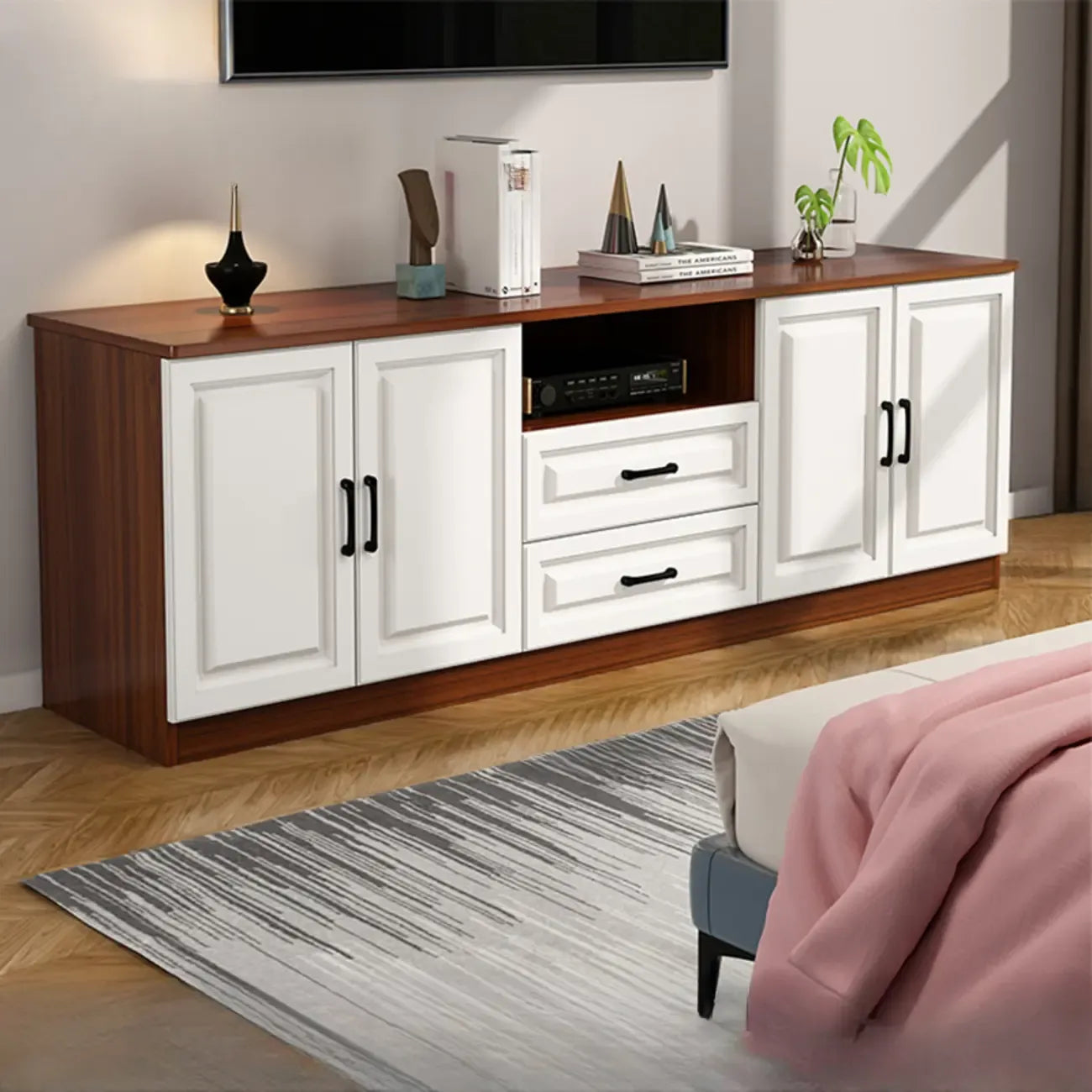 Modern White Wooden TV Stand with Storage and Cable Management