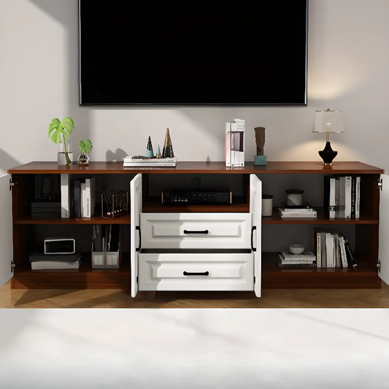 Modern White Wooden TV Stand with Storage and Cable Management