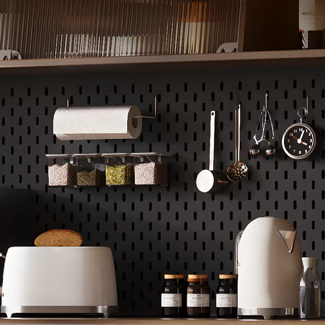 Kitchen Brown Wooden Hutch Top Sideboards with Pegboard Back