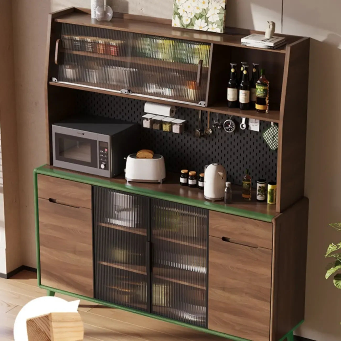 Kitchen Brown Wooden Hutch Top Sideboards with Pegboard Back