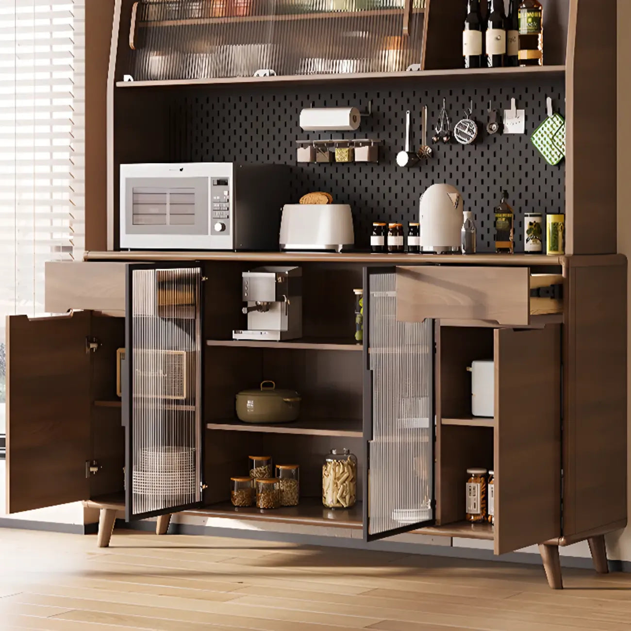 Kitchen Brown Wooden Hutch Top Sideboards with Pegboard Back