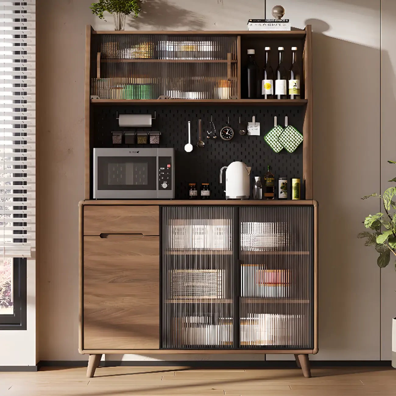 Kitchen Brown Wooden Hutch Top Sideboards with Pegboard Back