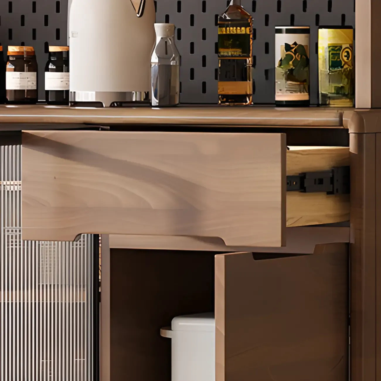 Kitchen Brown Wooden Hutch Top Sideboards with Pegboard Back