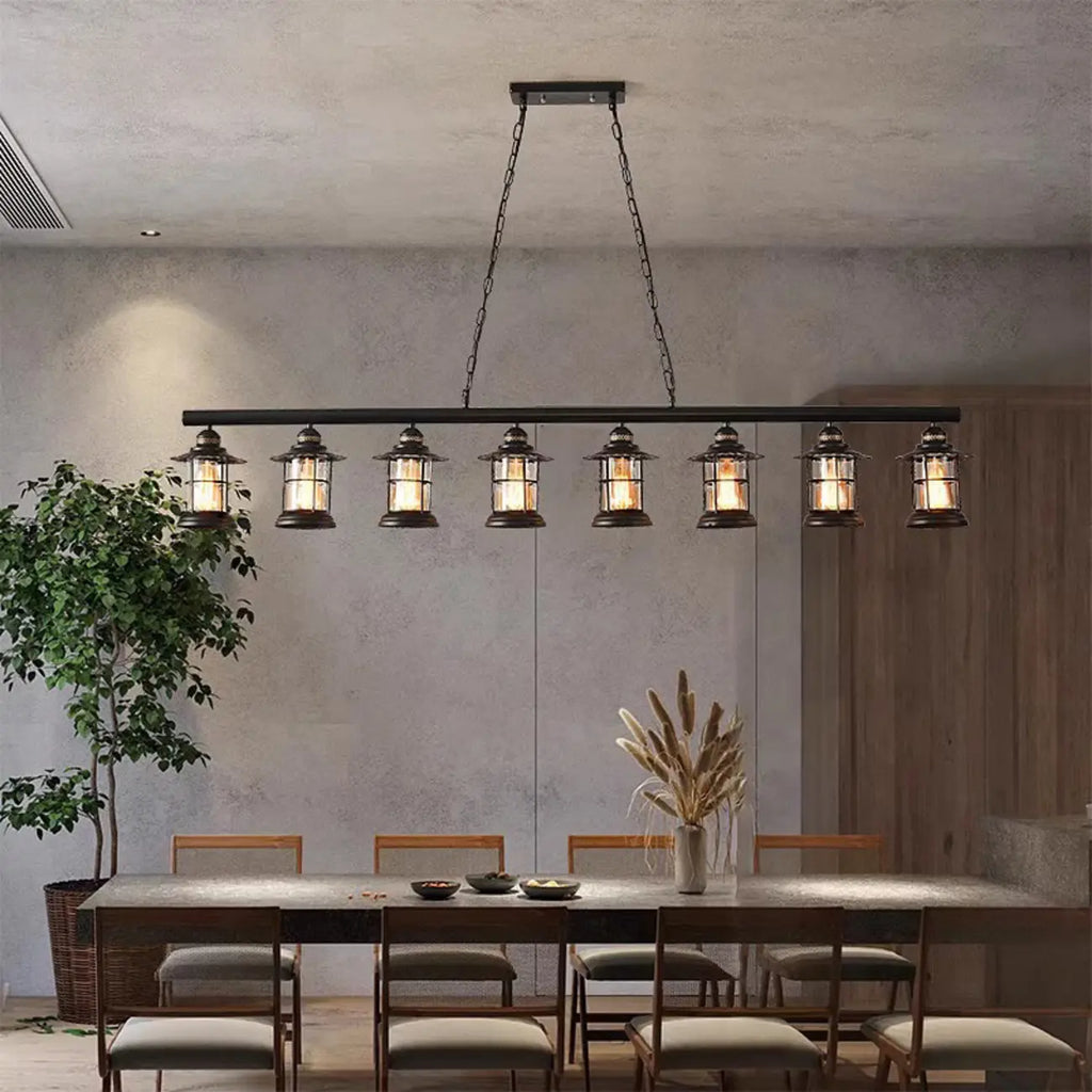 Farmhouse Industrial Rust Cylinder Black Linear Chandelier for Kitchen Island