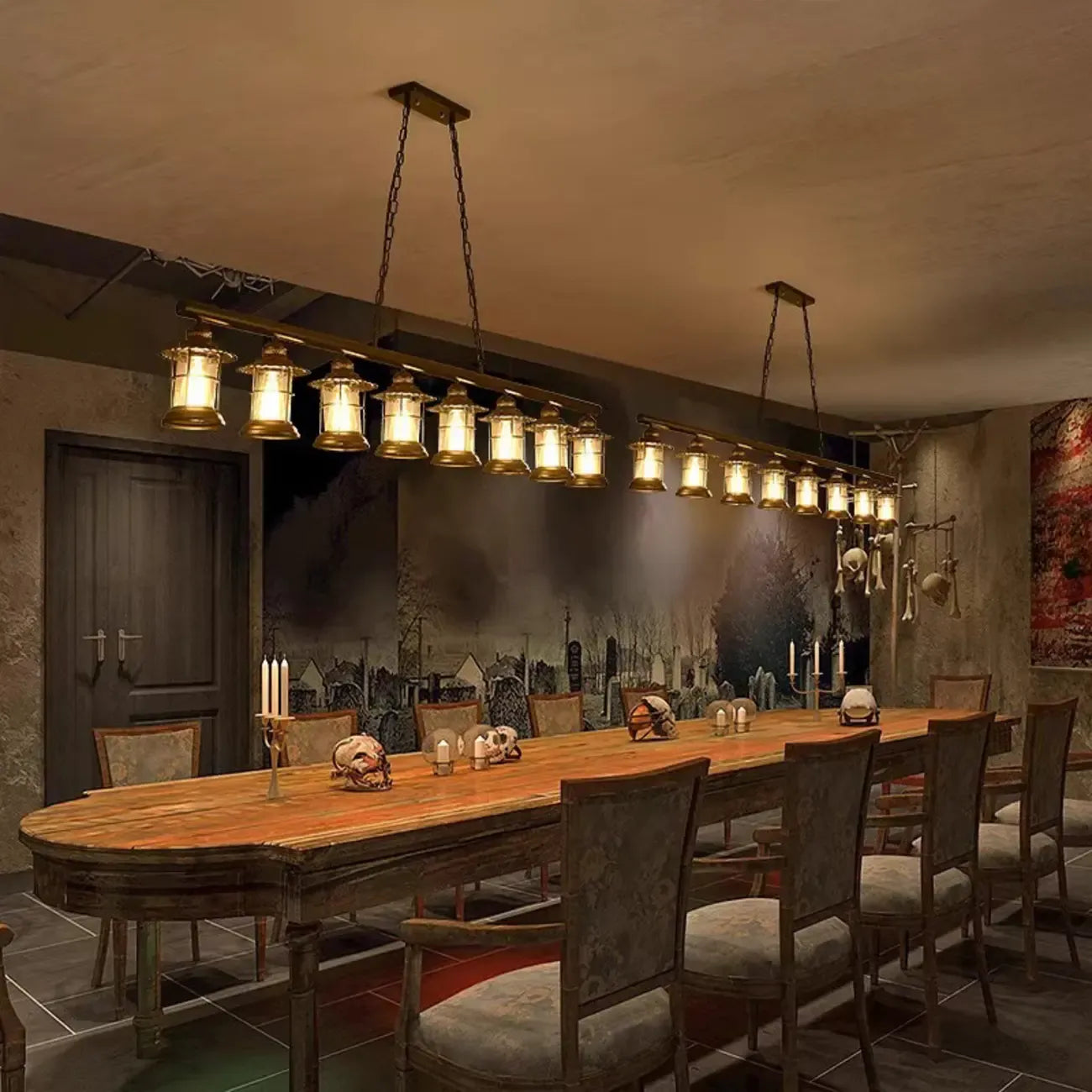 Farmhouse Industrial Rust Cylinder Black Linear Chandelier for Kitchen Island