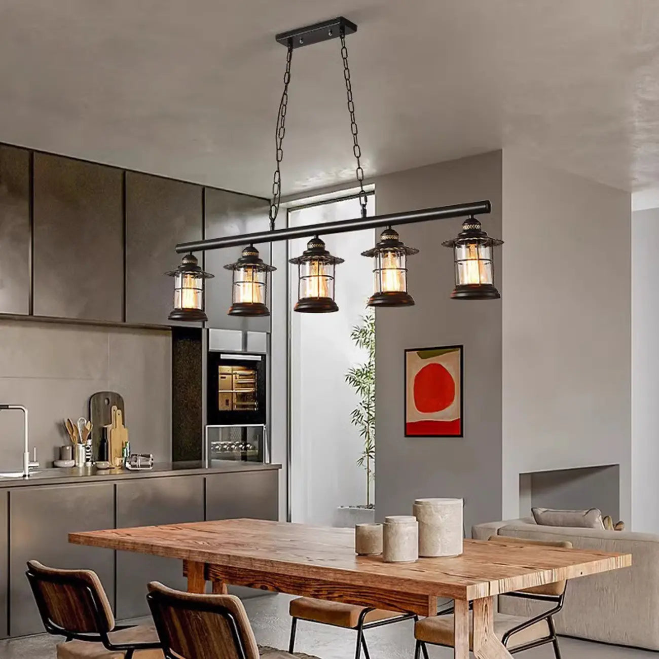 Farmhouse Industrial Rust Cylinder Black Linear Chandelier for Kitchen Island