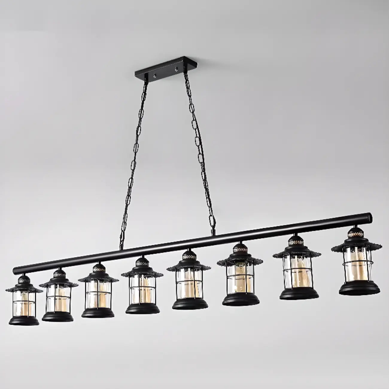 Farmhouse Industrial Rust Cylinder Black Linear Chandelier for Kitchen Island