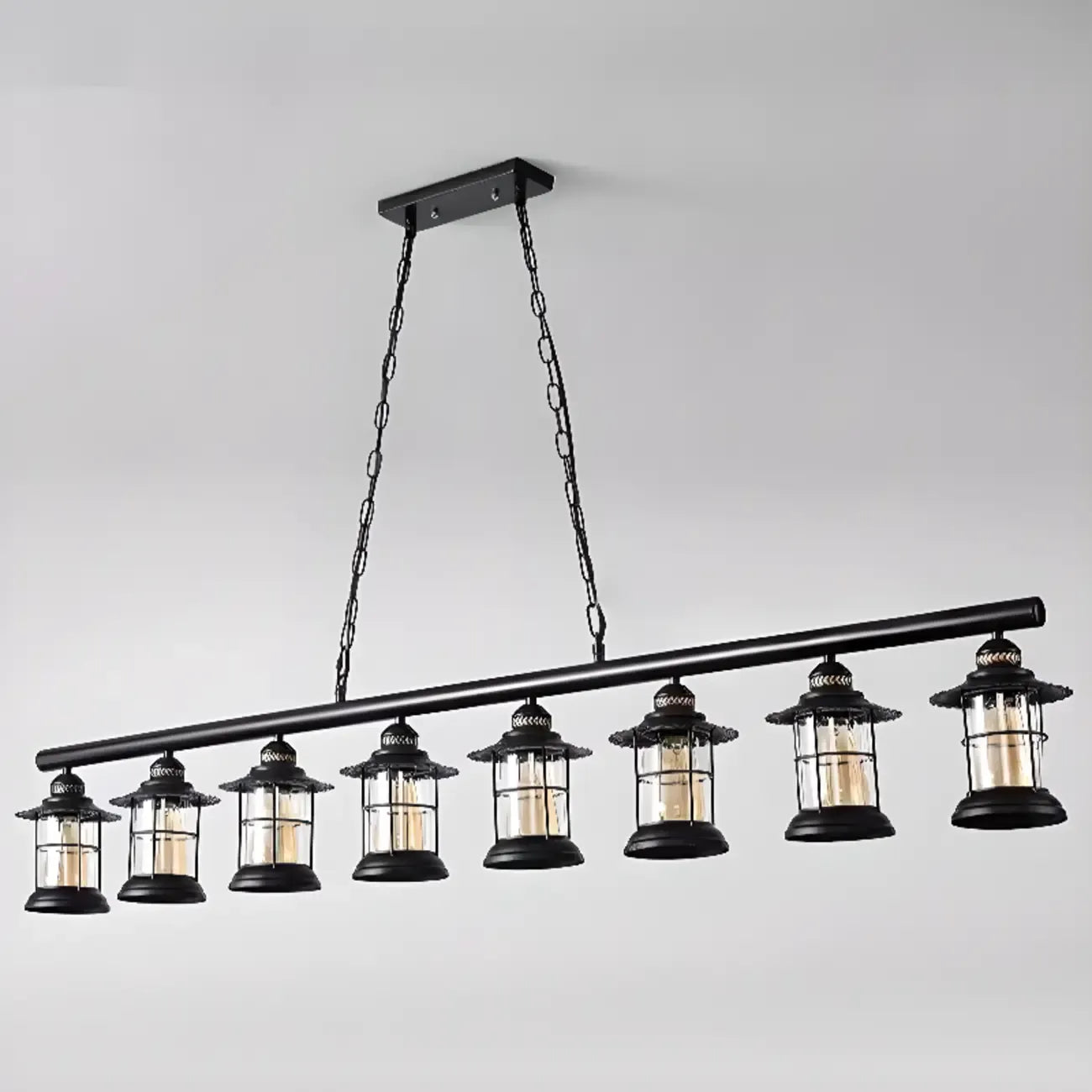 Farmhouse Industrial Rust Cylinder Black Linear Chandelier for Kitchen Island