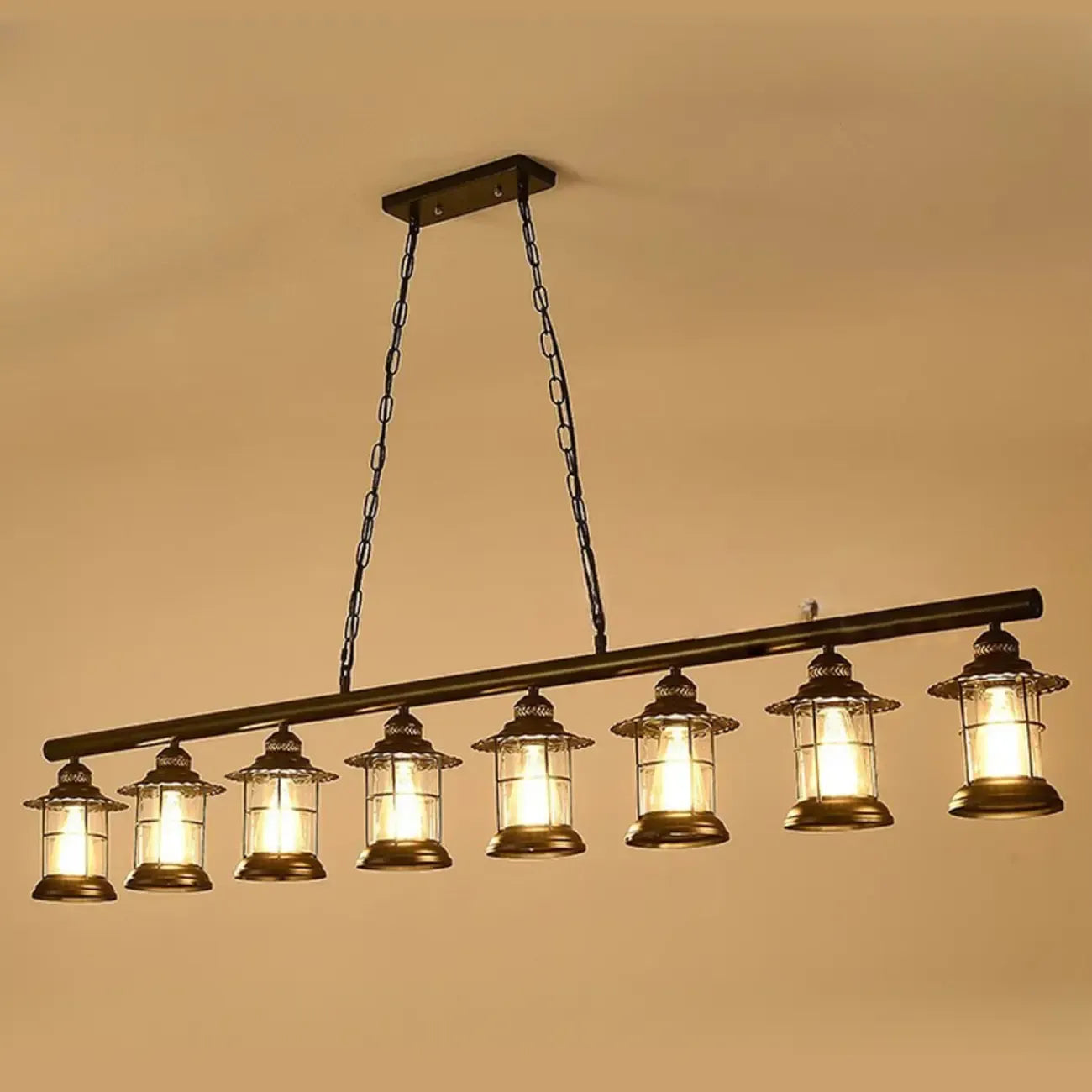Farmhouse Industrial Rust Cylinder Black Linear Chandelier for Kitchen Island