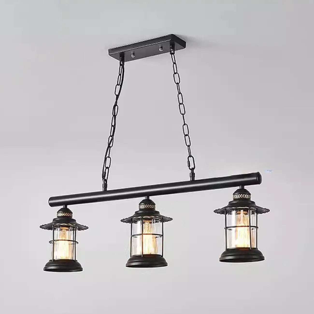 Farmhouse Industrial Rust Cylinder Black Linear Chandelier for Kitchen Island