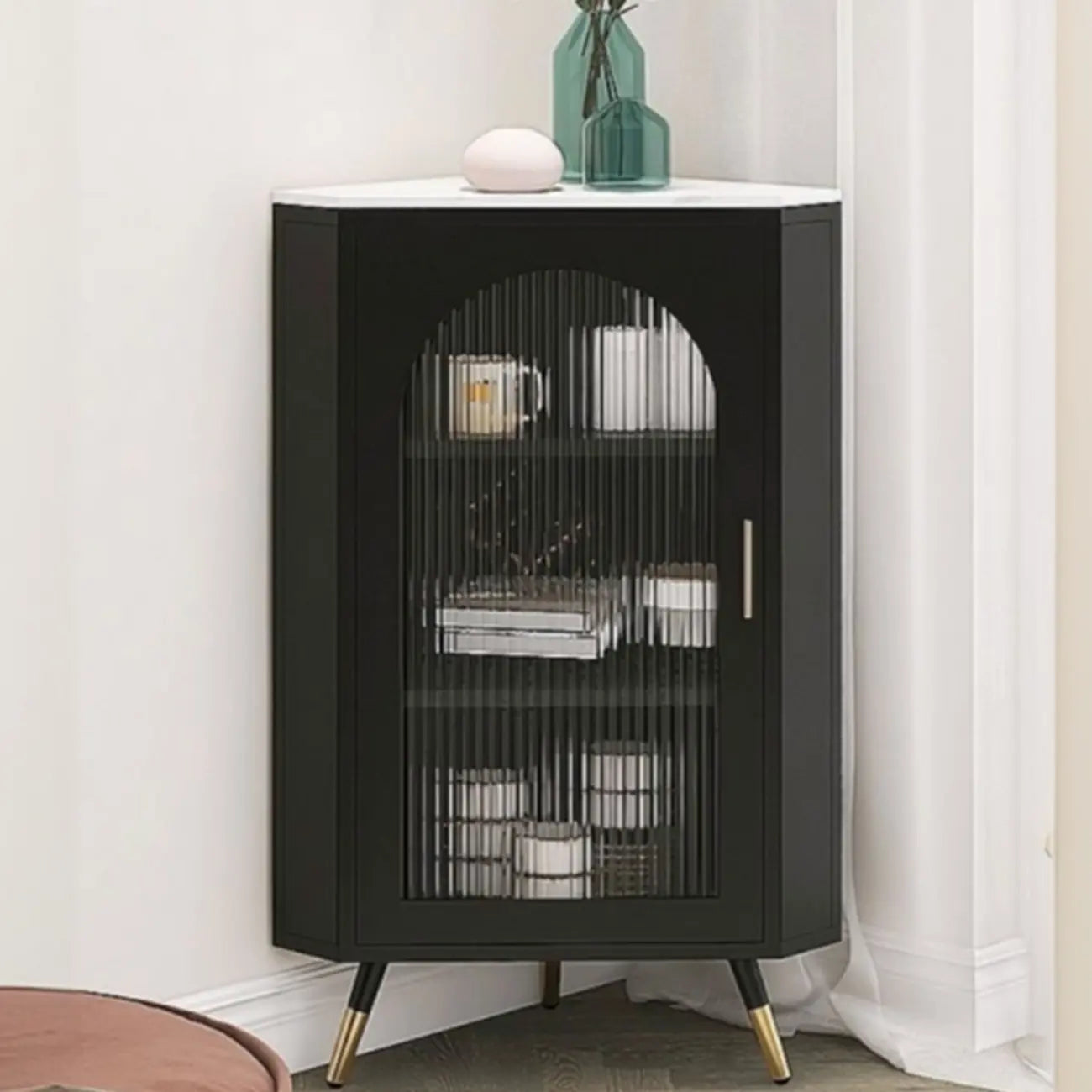 Elegant White Black Faux Marble Top Arch Glass Corner Cabinet