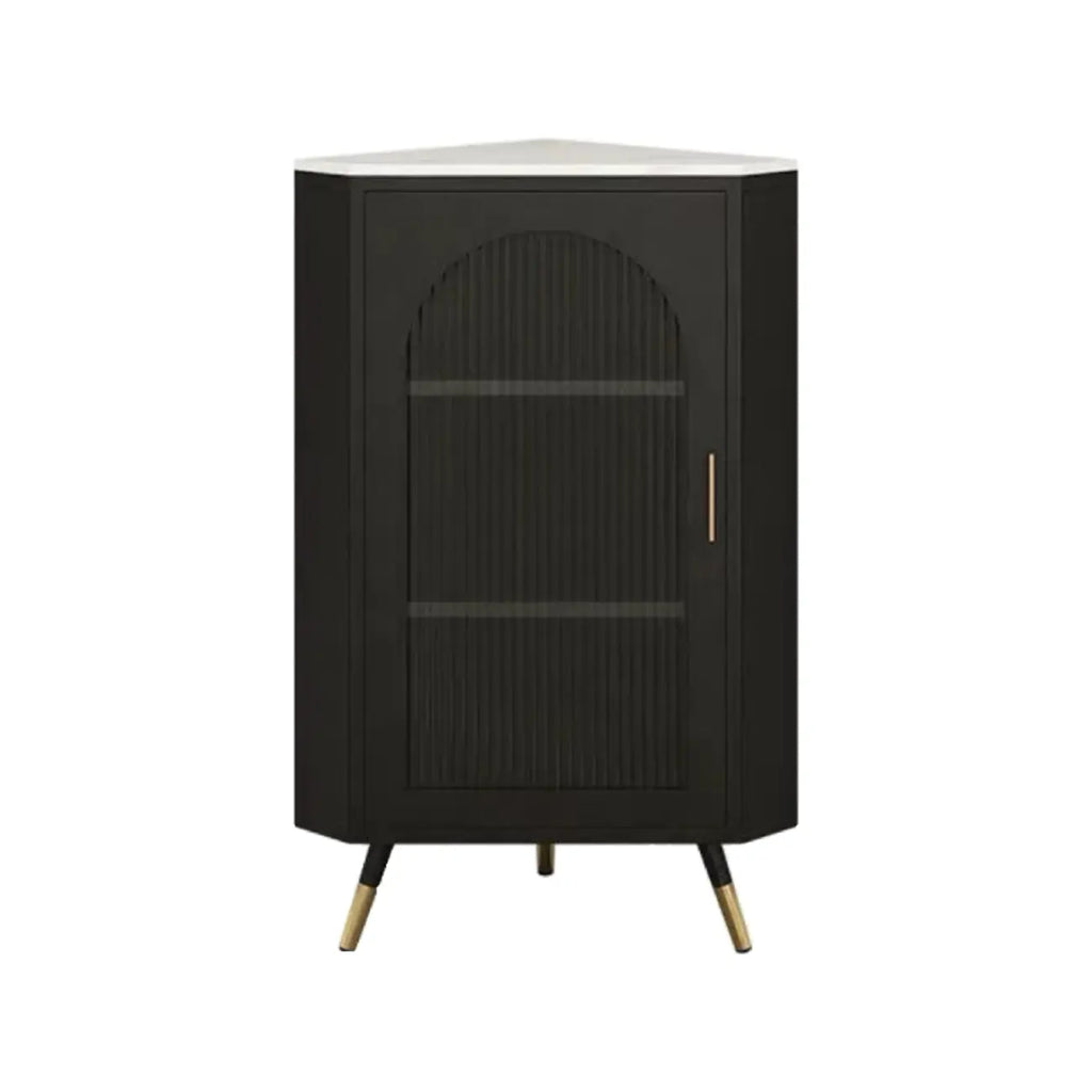 Elegant White Black Faux Marble Top Arch Glass Corner Cabinet