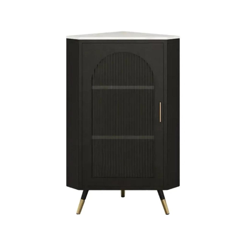 Elegant White Black Faux Marble Top Arch Glass Corner Cabinet