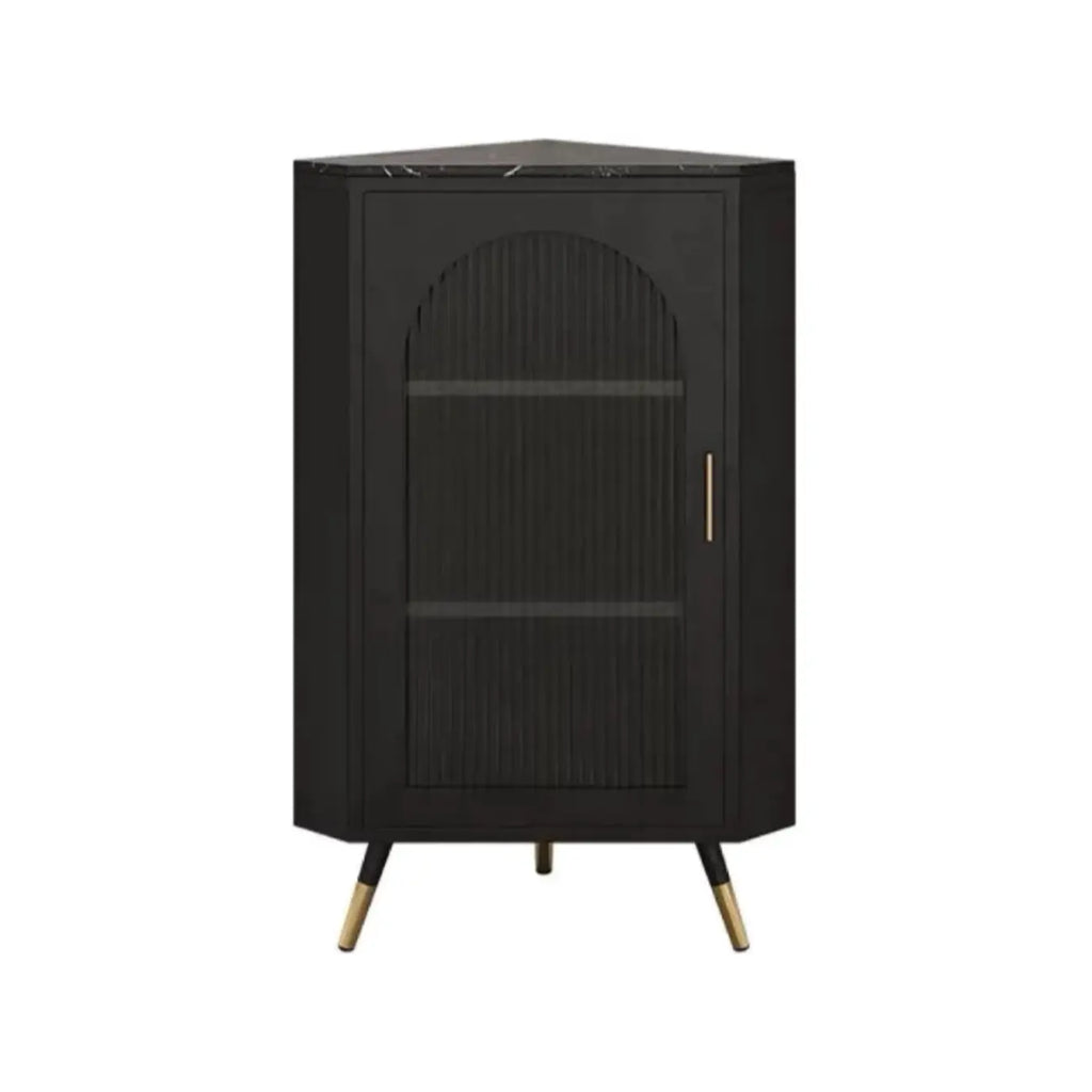 Elegant White Black Faux Marble Top Arch Glass Corner Cabinet