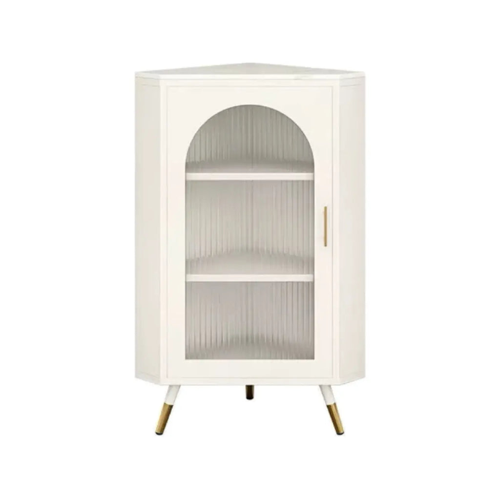 Elegant White Black Faux Marble Top Arch Glass Corner Cabinet