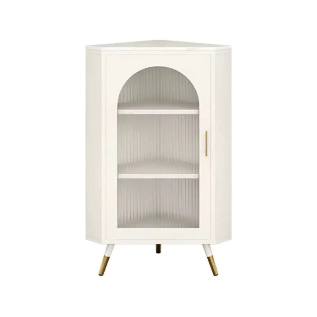 Elegant White Black Faux Marble Top Arch Glass Corner Cabinet