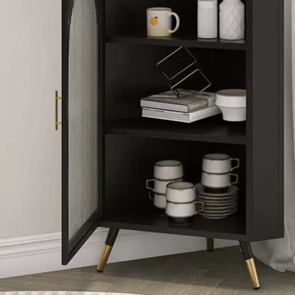 Elegant White Black Faux Marble Top Arch Glass Corner Cabinet