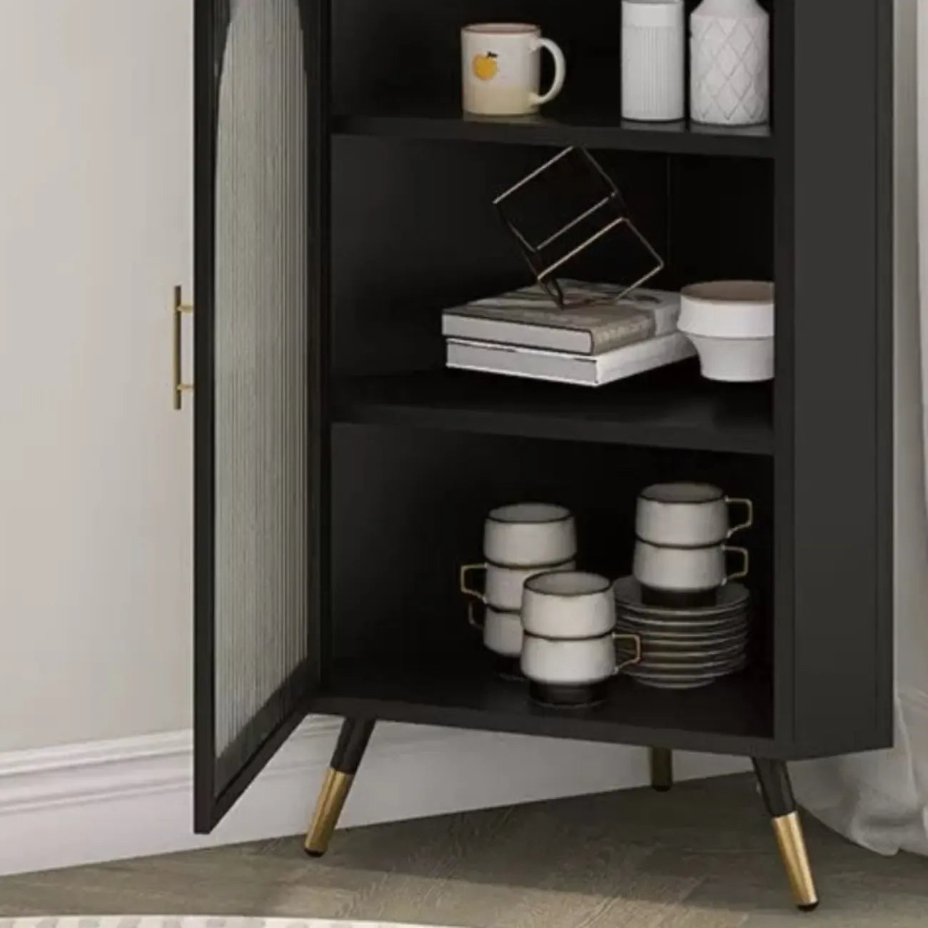 Elegant White Black Faux Marble Top Arch Glass Corner Cabinet