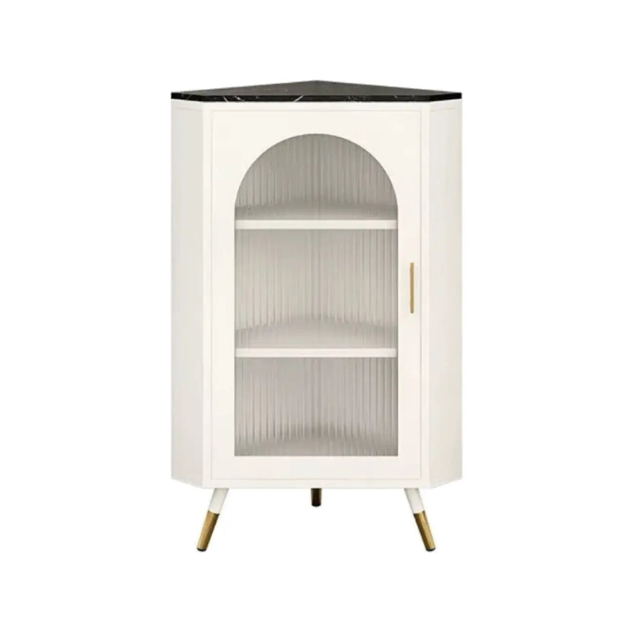 Elegant White Black Faux Marble Top Arch Glass Corner Cabinet
