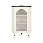 Elegant White Black Faux Marble Top Arch Glass Corner Cabinet