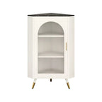 Elegant White Black Faux Marble Top Arch Glass Corner Cabinet