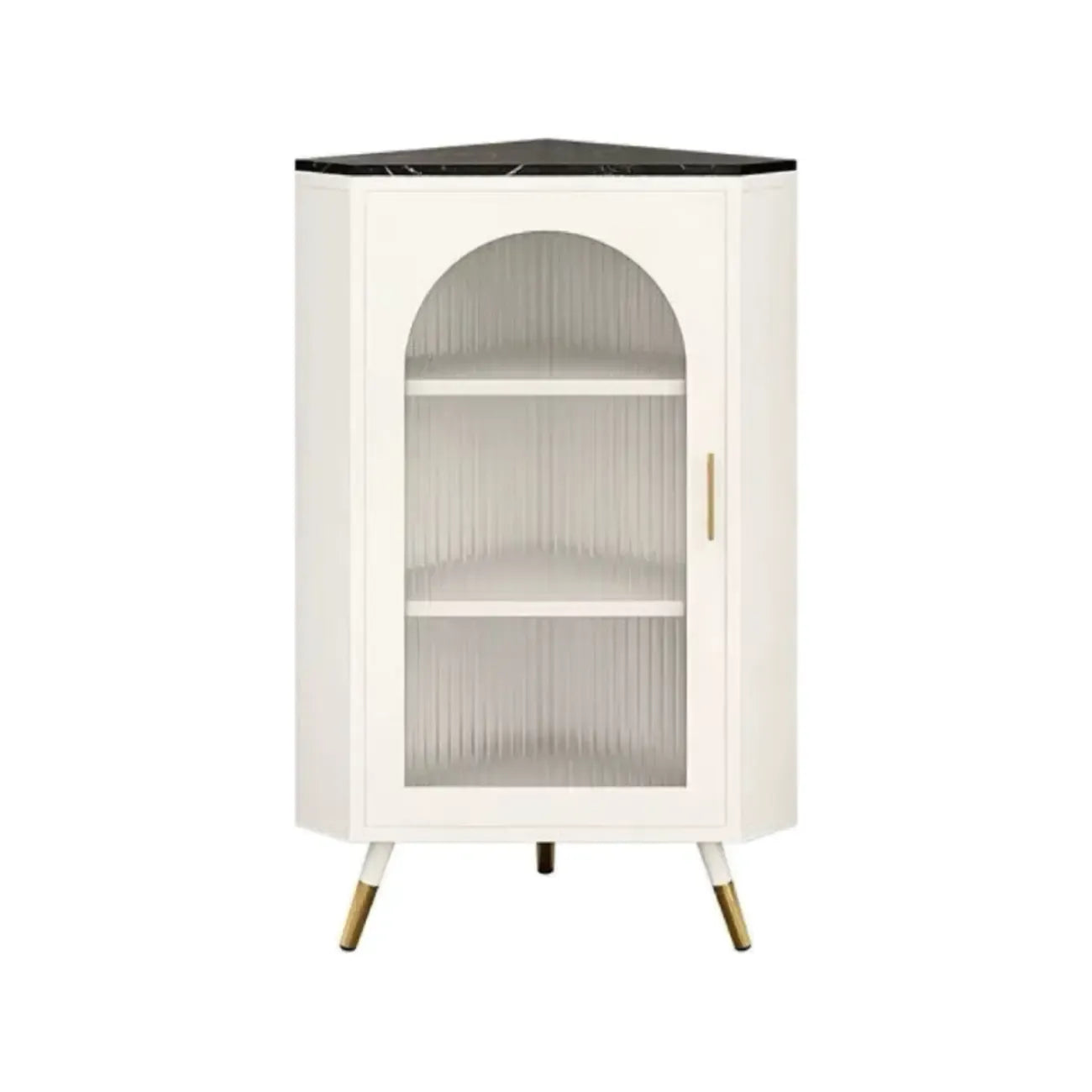 Elegant White Black Faux Marble Top Arch Glass Corner Cabinet